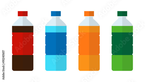 Set of sweet water plastic bottle soda, lemon, orange and water. Drinks in bottles. Plastic beverage bottles icon set. Bottled cold drinks flat vector illustration.