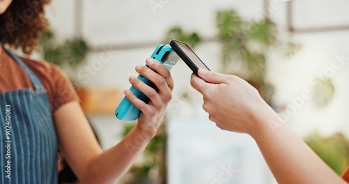 Person, hands and nfc with smartphone to pay in coffee shop for sale, ecommerce and digital checkout. Closeup, waiter and cafe with technology for internet banking, payment and online transaction.