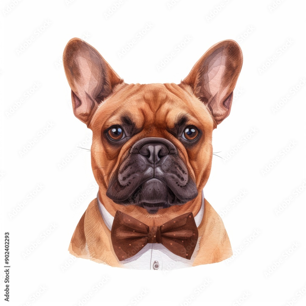 Obraz premium A French bulldog wearing a bow tie, depicted in a watercolor style against a white background. 