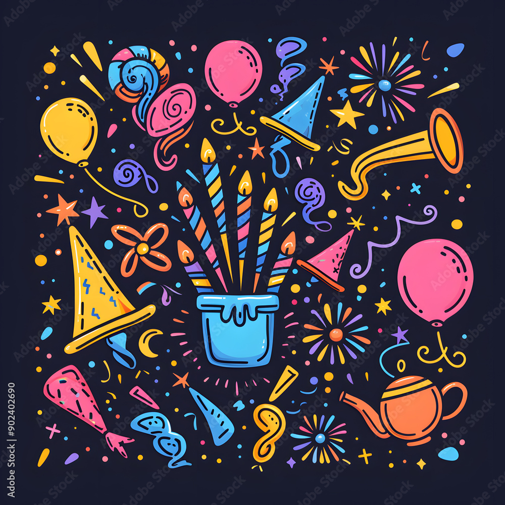 Fototapeta premium 2D illustrated New Year card in a cute graphic style