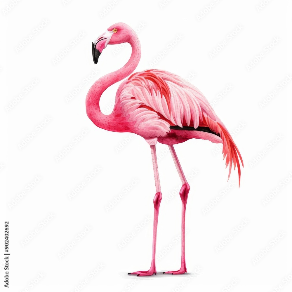 Fototapeta premium A flamingo standing on one leg, illustrated in a watercolor style against a white background.