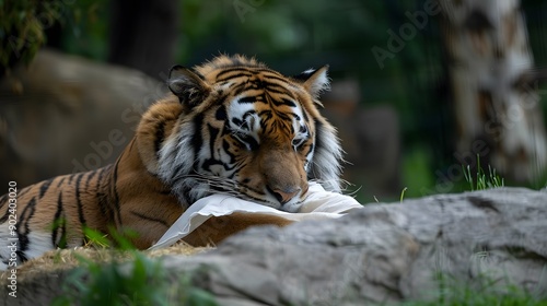 Tiger Holding White Flag: A fierce tiger lying down, gently holding a white flag with its mouth. 