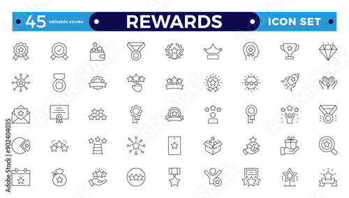 Reward icon set. Success icon, Contains icons prize, trophy, winner, gift, and bonus card illustration. Set of Winner medal, cup, and Laurel wreath award icons. Award editable stroke outline icon.