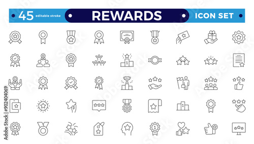 Reward icon set. Success icon, Contains icons prize, trophy, winner, gift, and bonus card illustration. Set of Winner medal, cup, and Laurel wreath award icons. Award editable stroke outline icon.