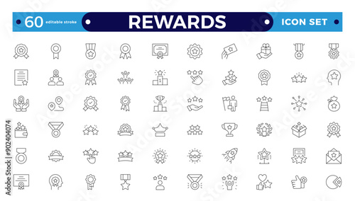 Reward icon set. Success icon, Contains icons prize, trophy, winner, gift, and bonus card illustration. Set of Winner medal, cup, and Laurel wreath award icons. Award editable stroke outline icon.