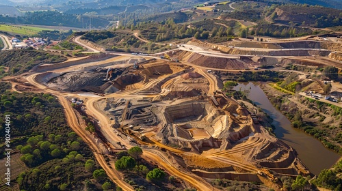 Bird's-eye view of a massive excavation and building location at Ecometais, a facility for processing and reusing materials in the industrial district of Aldeia de Paio Pires in Setubal, Portugal. photo