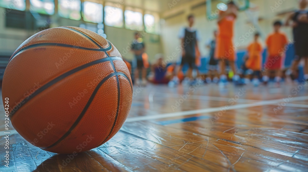 A spherical object used in the game of basketball on a wooden surface, with a group of young players in the distance, in an athletic facility for schoolchildren. A spherical object used in the game of basketball on a wooden surface, with a group of young players in the distance, in an athletic facility for schoolchildren.