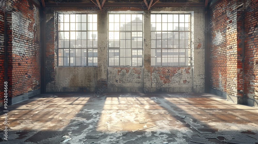 Empty industrial loft with natural light, large windows and a distressed brick wall for a rustic feel Empty industrial loft with natural light, large windows and a distressed brick wall for a rustic feel