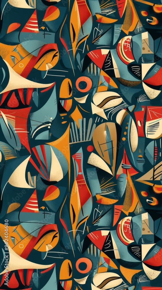 Abstract pattern with colorful geometric shapes on a dark blue background. Abstract pattern with colorful geometric shapes on a dark blue background.