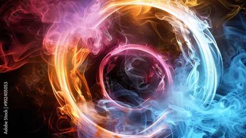 Vibrant smoke twirls within a luminous loop on a black backdrop, representing contemporary art. 3D Image.