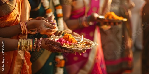 Indian ladies adorned in customary saris and golden adornments, holding a tray filled with sacred offerings. Traditional Indian festival, customs, spirituality, and cultural attire. photo