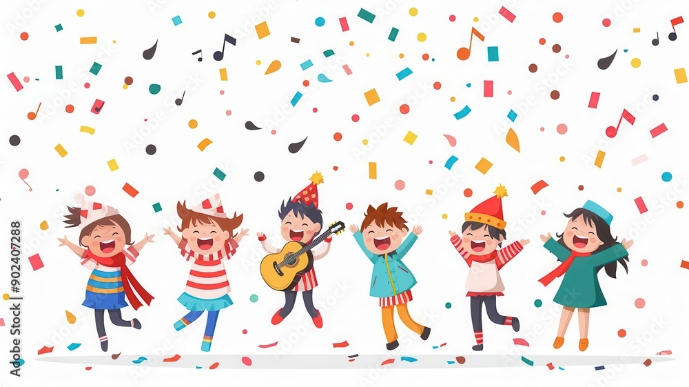 Fototapeta premium Colorful illustration of children celebrating with music and confetti, joyful and fun atmosphere.