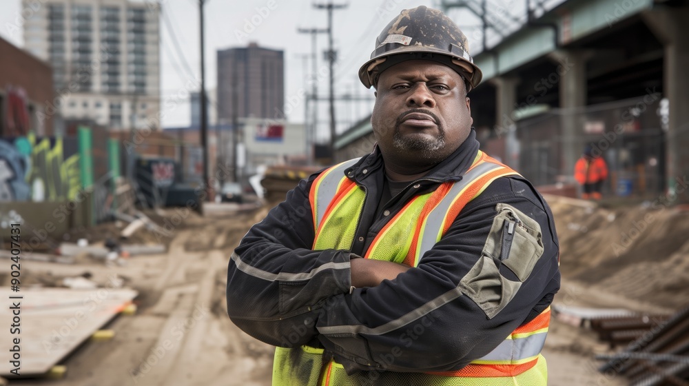 A construction worker in a safety vest and helmet, standing with arms crossed at a construction site, professional and dynamic background A construction worker in a safety vest and helmet, standing with arms crossed at a construction site, professional and dynamic background