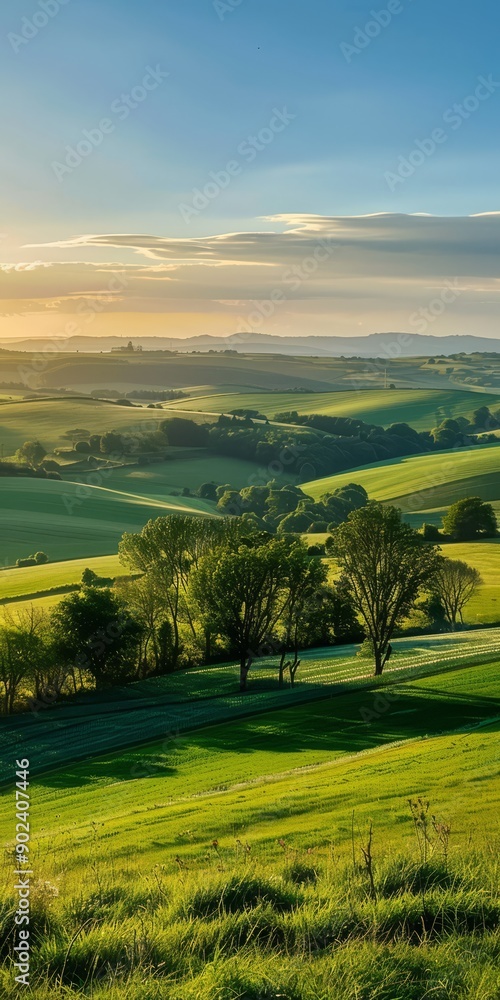 Obraz premium A peaceful countryside scene with rolling fields and a clear blue sky, the landscape bathed in the warm light of a setting sun