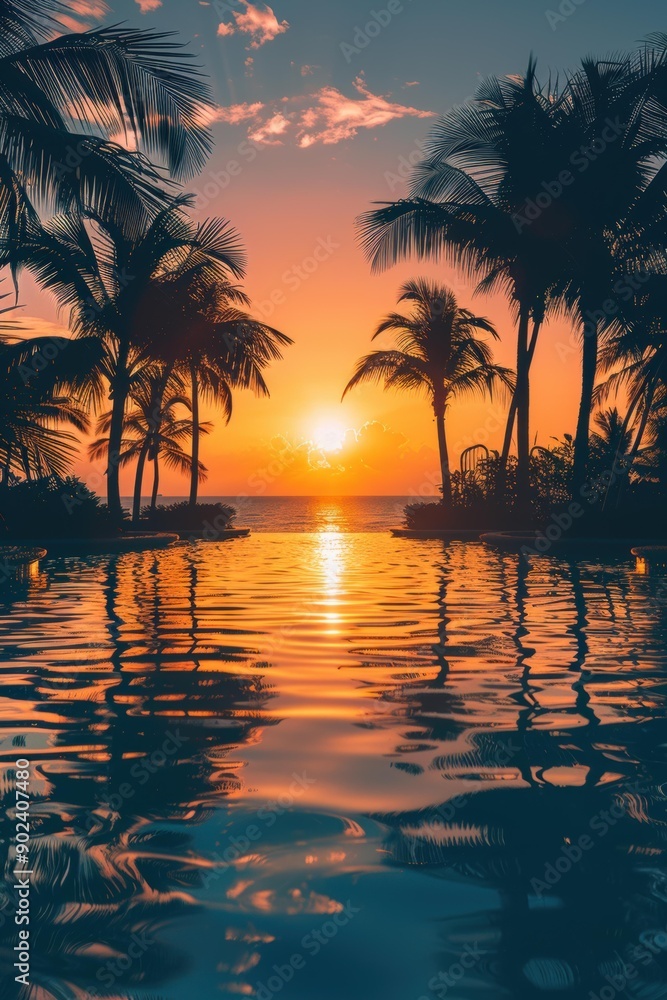 Obraz premium Sunset over a tropical paradise, reflecting in a calm pool. AI.
