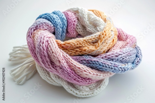 A light-colored woven scarf on a plain white surface.