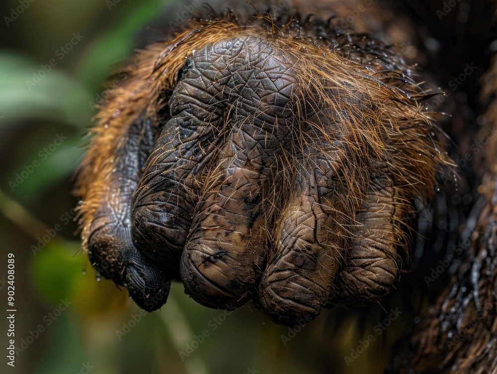 Obraz premium A close-up of a primate's hand, showing its wrinkled skin and fur. AI.