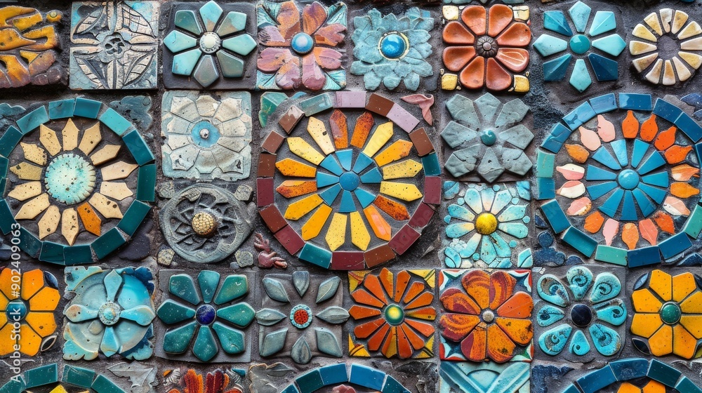 Mosaic tile texture with colorful, detailed patterns and intricate designs Mosaic tile texture with colorful, detailed patterns and intricate designs