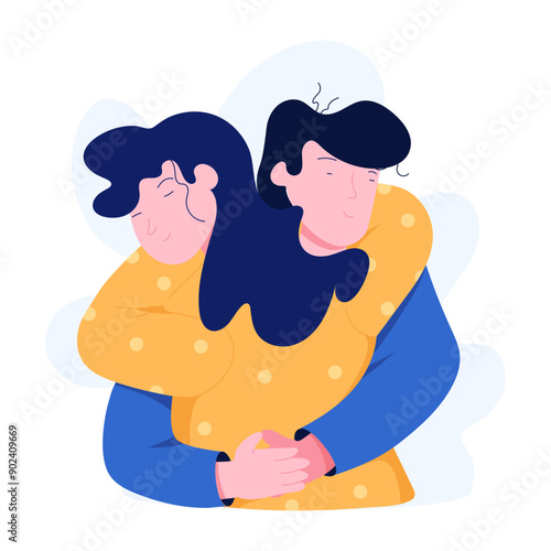 A flat character illustration of couple hugging 
