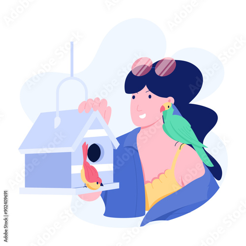 A flat style illustration of pet birds 