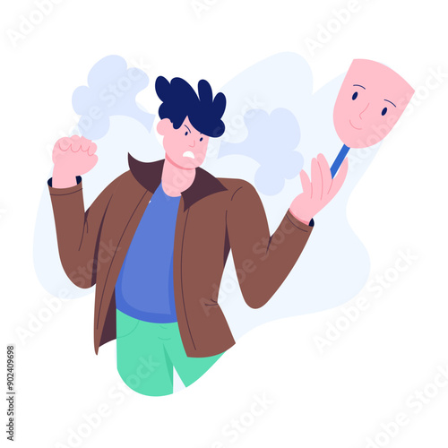 A flat style character illustration of hiding anger 