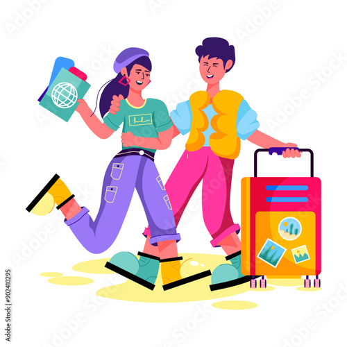 Couple on trip with luggage, flat illustration 