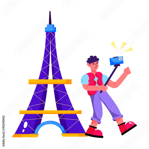 Character based flat illustration of paris selfie 