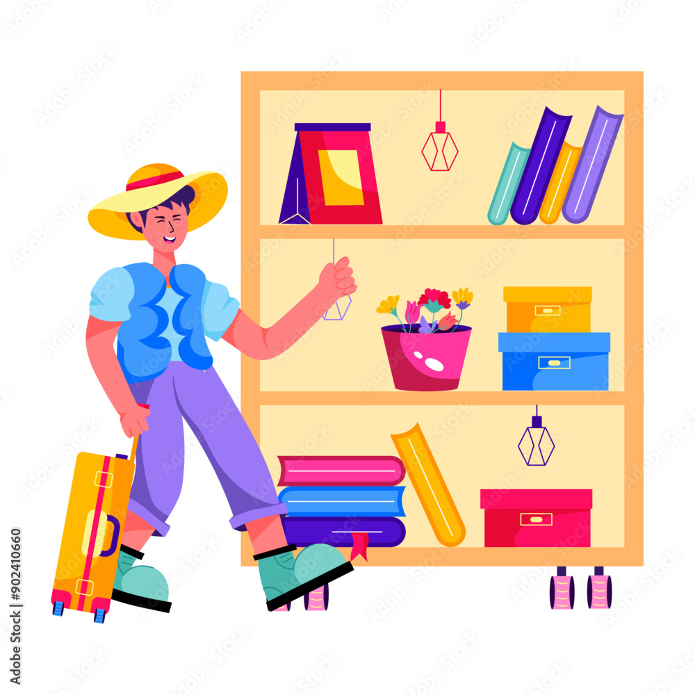 Flat illustration depicting a man leaving home with luggage Flat illustration depicting a man leaving home with luggage