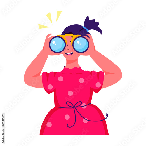 Girl looking with binoculars, flat illustration 