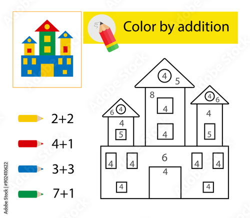 Coloring pages. Color by addition. Vector illustration for children education. Cartoon castle.