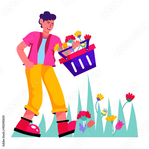 A flat illustration depicting a boy plucking flowers 