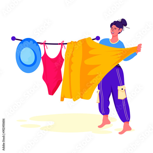 Woman drying clothes outside, flat illustration 