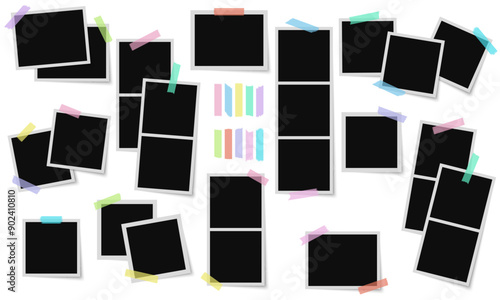 Photo frames vector set. Colorful scotch tape strips. Photos with scotch strips. Frames collection.