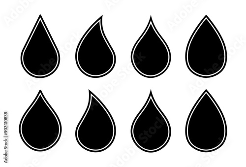 Water drops shape icon symbol set different style. Flat style. Water drop icon, sign, material set. blood drop icon set. Water, oil drops set isolated on white background.