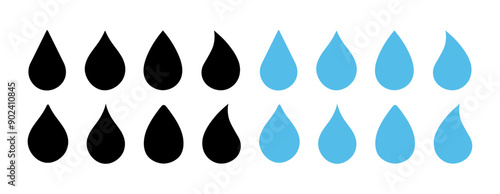Water drop icon collection. Water drops shape icon blue and black color isolated on a white background. Water or rain drop icons set flat style. Blood, water or oil drop logotype. vector illustration.
