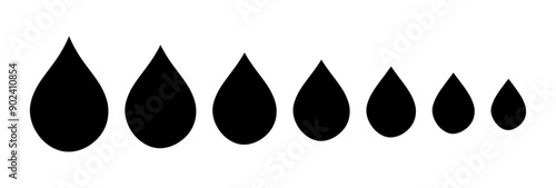 Water drops icon set in black color. Droplet icon set with different sizes. Water or oil drop icons set in flat design isolated on white background. Vector illustration.