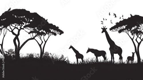 black silhouette of Giraffe and Zebra in Africa forest illustration icon for logo, isolated on white background