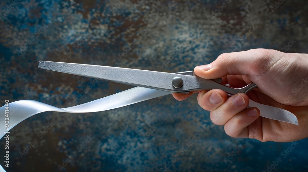Obraz premium Hand Holding a Pair of Scissors: A hand holding a pair of scissors, ready to cut a ribbon.