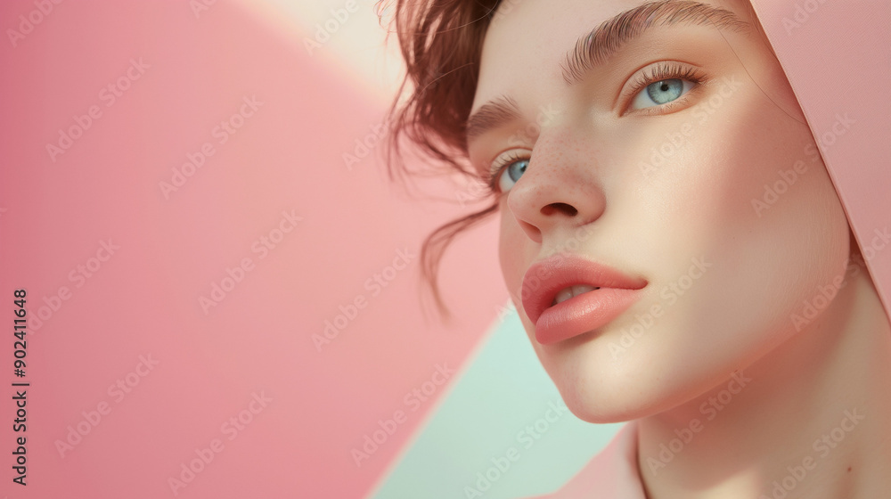 Close-Up of Freckled Woman with Blue Eyes Against Pink Background with Copy Space Close-Up of Freckled Woman with Blue Eyes Against Pink Background with Copy Space