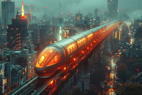 Futuristic maglev train in a cityscape, demonstrating photo