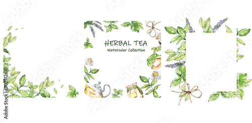 Frames Composition Theme Herbal Tea. Green Fresh Mint Sprigs, Glass Teapot, Chamomile, Spice Bag, Honey Jar. Watercolor illustration. Design Blogs, Websites, Packaging, Cosmetics, Recipes, Cookbooks