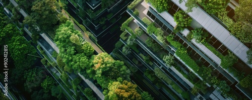 Aerial view of modern green buildings with lush vegetation and trees, showcasing urban eco-friendly architecture and sustainable living.