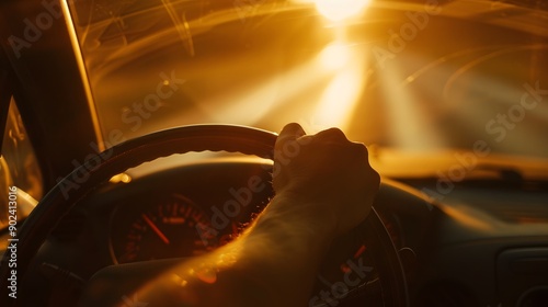 Hand Holding a Steering Wheel: A hand gripping a car steering wheel, with a blurred road ahead.
