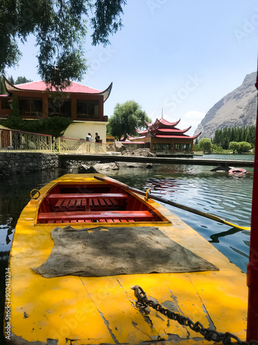 red top pagoda in  the lake with reflection in water,  , beautiful view of shangrila resort , lower kachura lake skardu gilgit Baltistan Pakistan	 photo