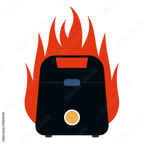 black cartoon air fryer caught on fire, red flames, plain background