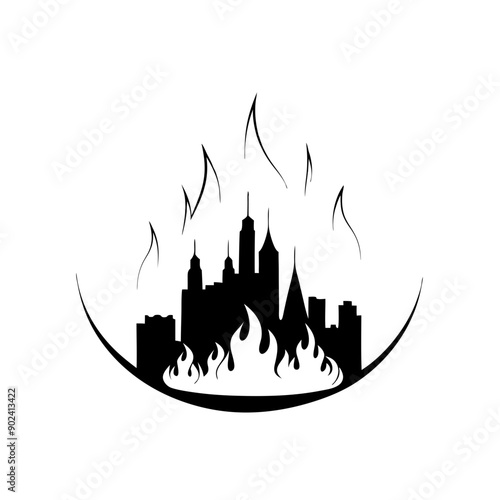silhouette of burning cityscape engulfed in flames, black line drawing