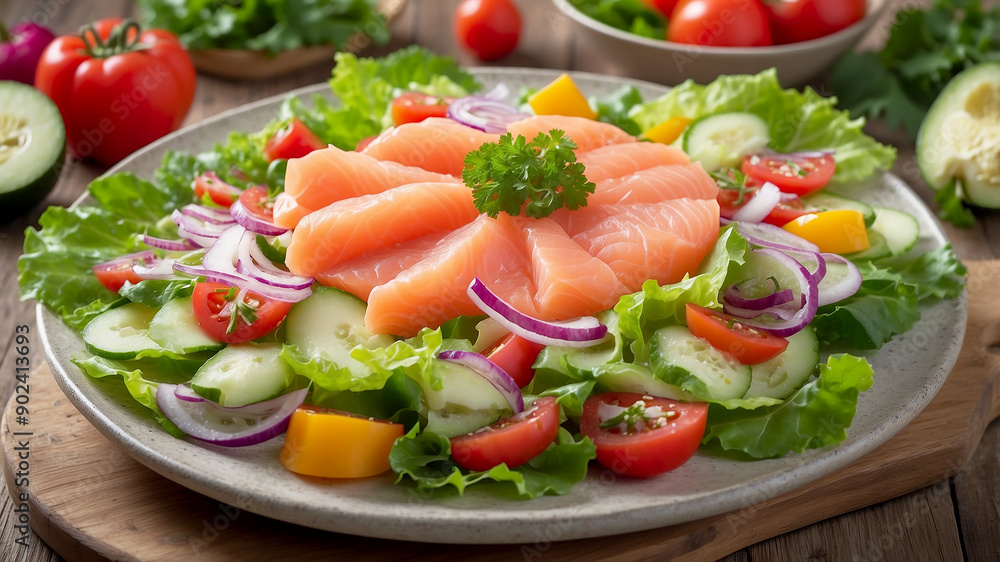 beautifully arranged salad featuring salted salmon atop a bed of crisp green lettuce, with vibrant slices of cucumber, tomato, bell pepper, and red onion beautifully arranged salad featuring salted salmon atop a bed of crisp green lettuce, with vibrant slices of cucumber, tomato, bell pepper, and red onion