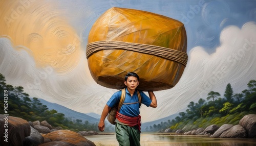 The burden of responsibility: An oil painting of a person carrying a large, heavy load on their shoulders, reflecting the weight of responsibility and duty photo