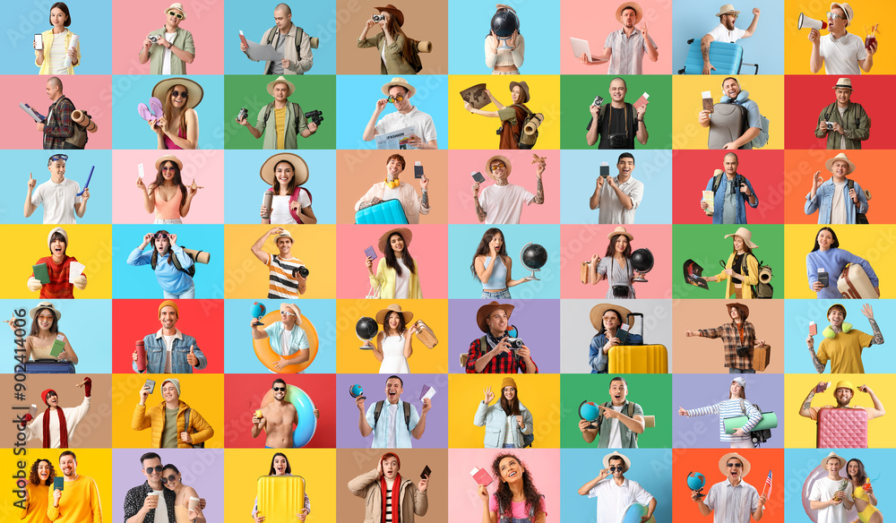 Collage of many tourists on color background Collage of many tourists on color background