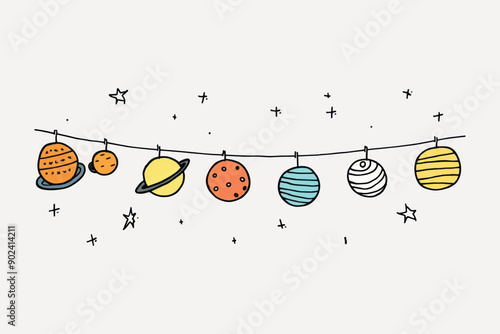 Hand-drawn planets hanging stars